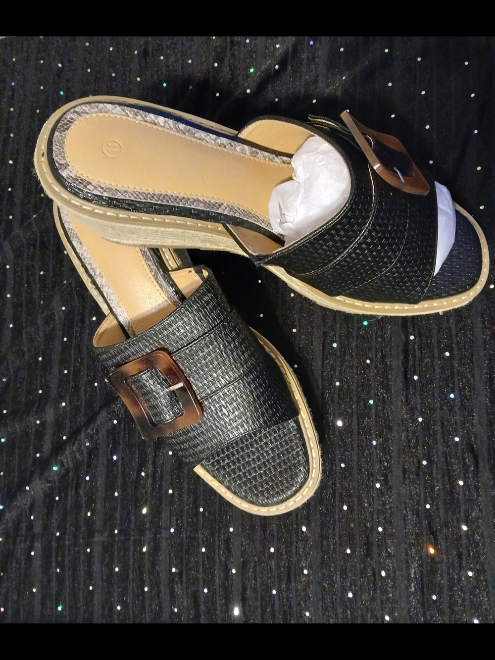 Black Slip-On Women’s Sandals with Decorative Buckle